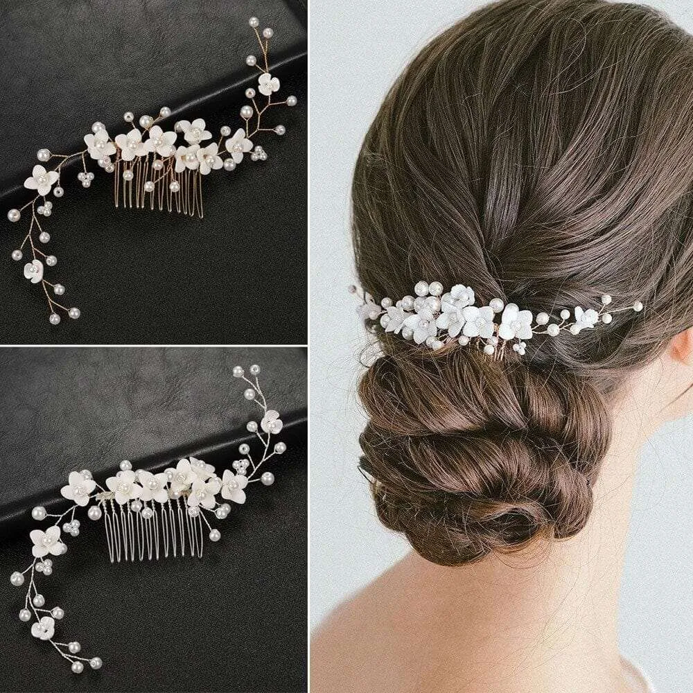 Bridal Porcelain Flower Hair Comb, White Flower Bridal Pearl Headpiece, Wedding Ceramic Floral Hair Comb Hairpiece or Floral Earrings