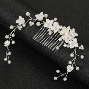 Bridal Porcelain Flower Hair Comb, White Flower Bridal Pearl Headpiece, Wedding Ceramic Floral Hair Comb Hairpiece or Floral Earrings