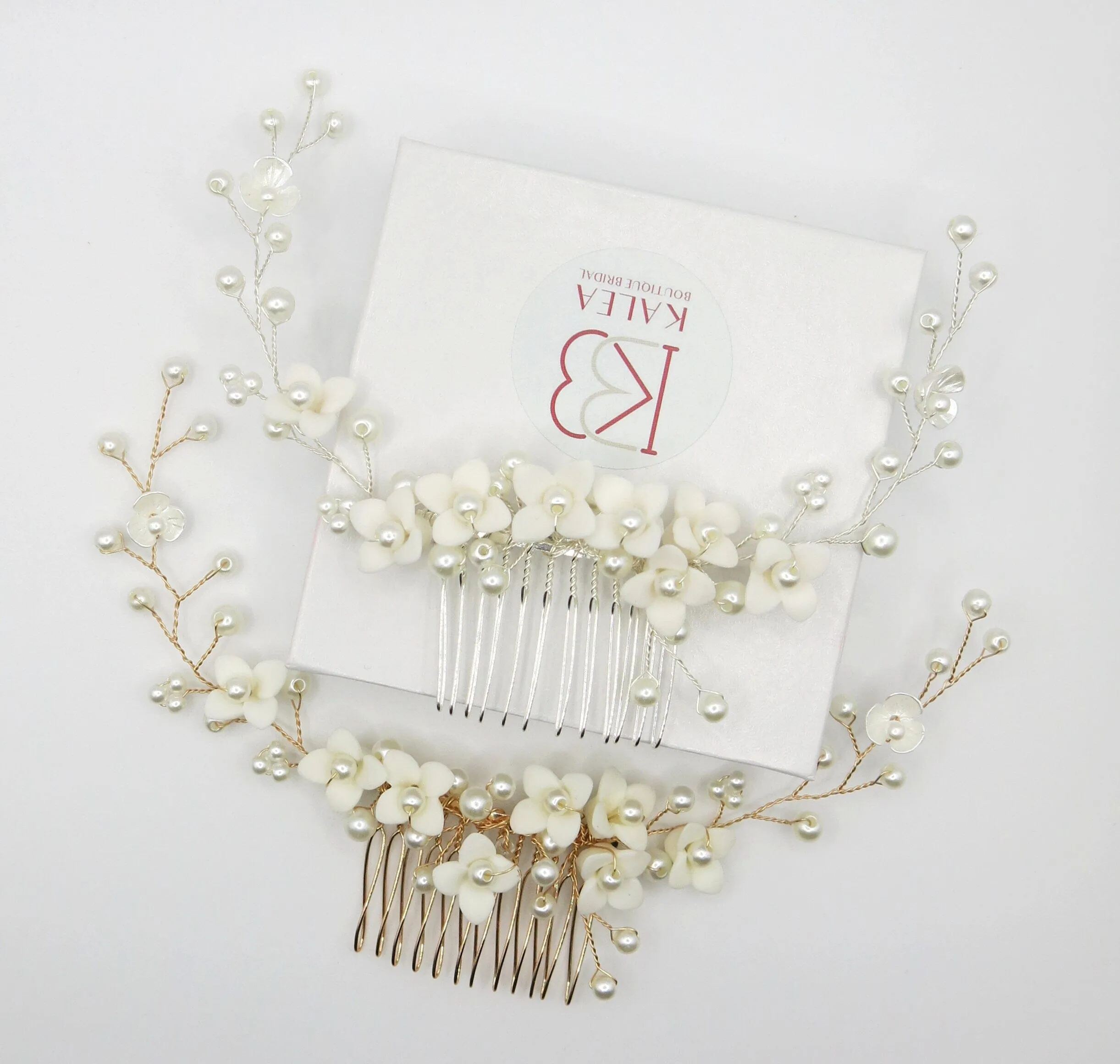 Bridal Porcelain Flower Hair Comb, White Flower Bridal Pearl Headpiece, Wedding Ceramic Floral Hair Comb Hairpiece or Floral Earrings
