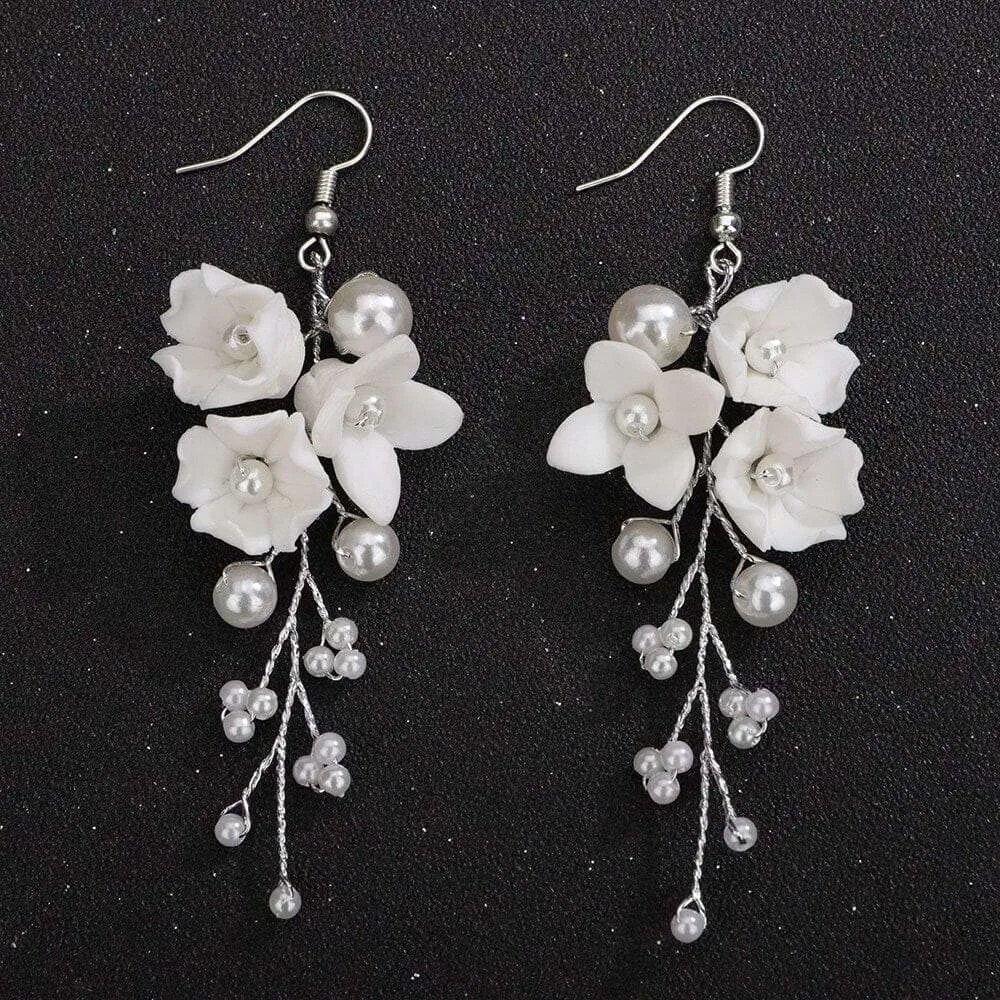Bridal Porcelain Flower Hair Comb, White Flower Bridal Pearl Headpiece, Wedding Ceramic Floral Hair Comb Hairpiece or Floral Earrings