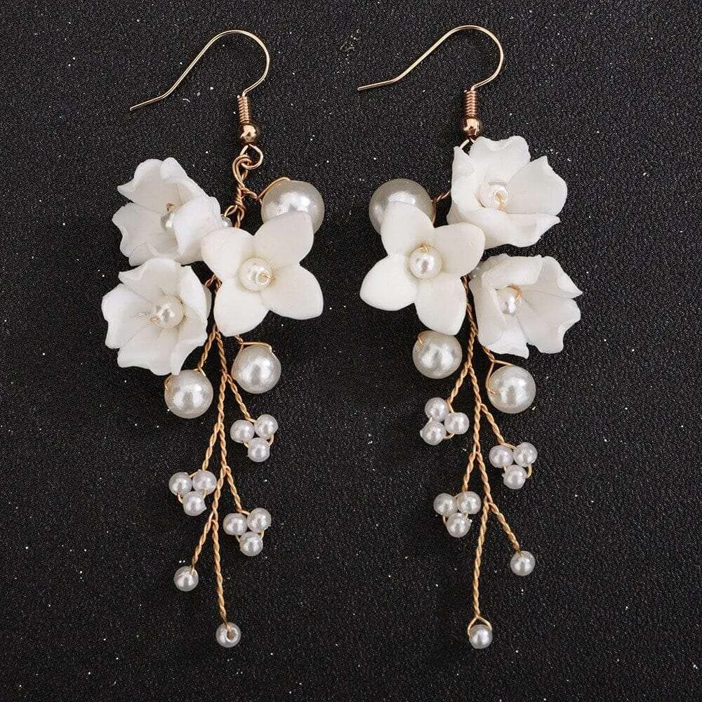 Bridal Porcelain Flower Hair Comb, White Flower Bridal Pearl Headpiece, Wedding Ceramic Floral Hair Comb Hairpiece or Floral Earrings