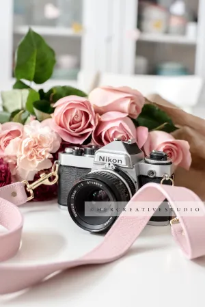 Camera and Flowers on Table, Styled Stock Image