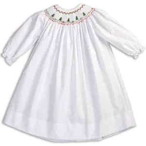 Christmas Trees White Long Sleeve Smocked Bishop