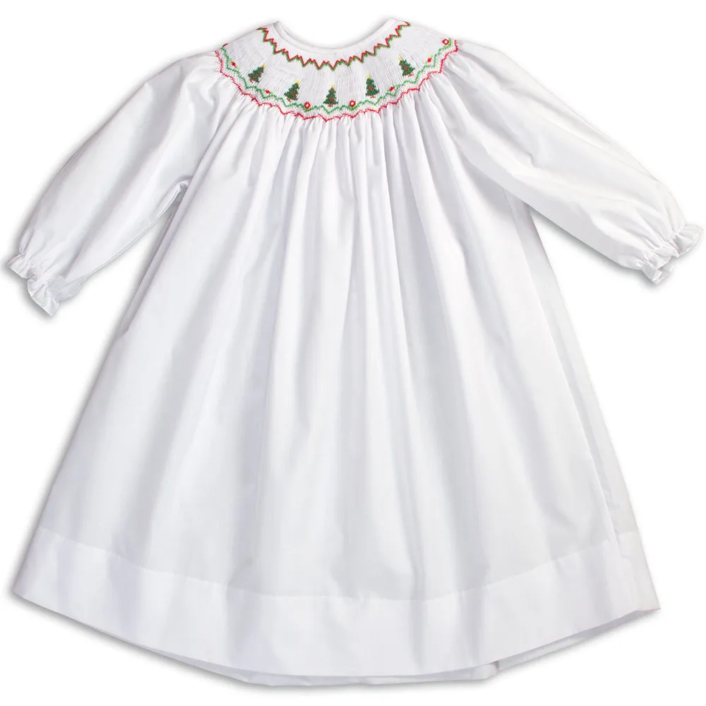 Christmas Trees White Long Sleeve Smocked Bishop
