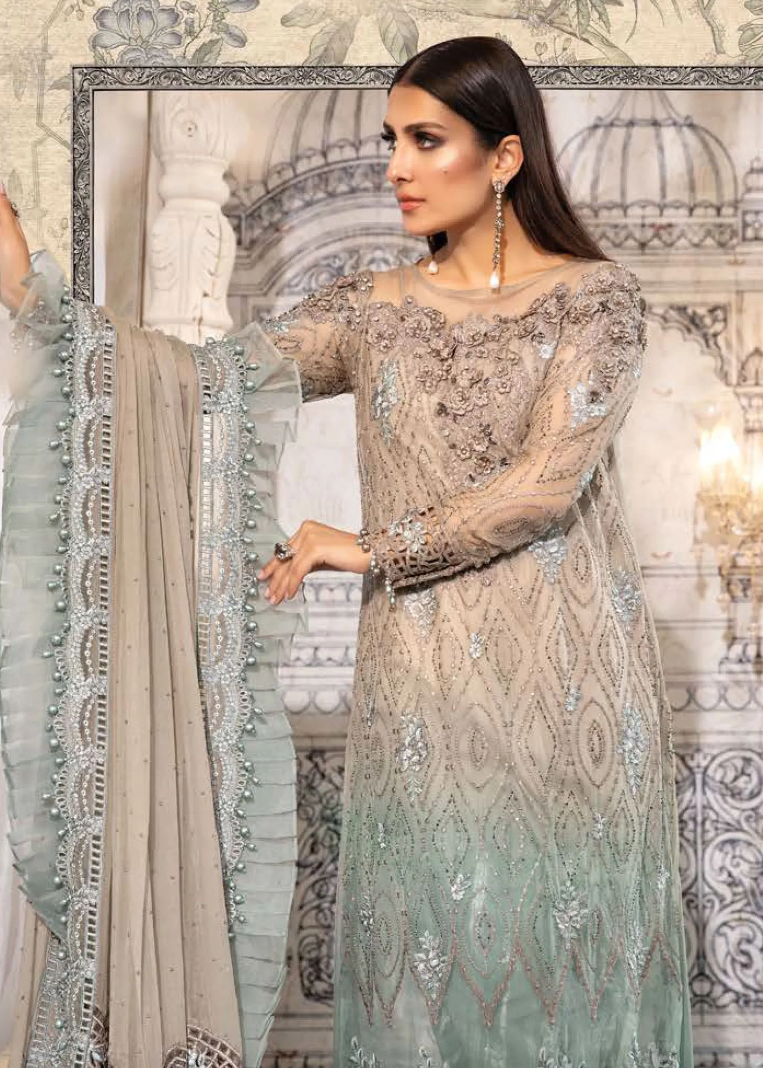 Coffee and Smoked Blue (BD-2405) | Maria B Mbroidered Heritage Edition 2022 | Unstitched Embroidered Chiffon Suits