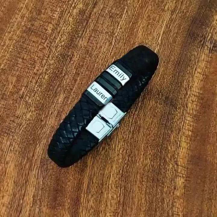 Customized Laser Engraved Men's Leather ID Bracelet in Rope Stainless Steel, Silver, and Black
