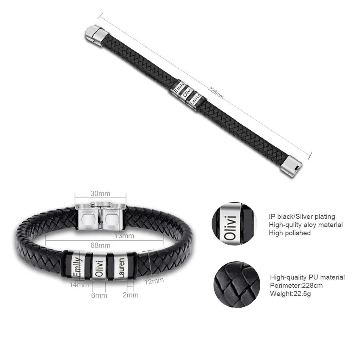 Customized Laser Engraved Men's Leather ID Bracelet in Rope Stainless Steel, Silver, and Black