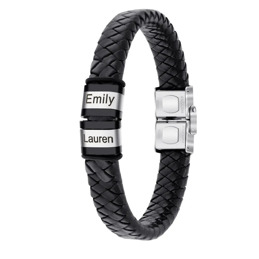 Customized Laser Engraved Men's Leather ID Bracelet in Rope Stainless Steel, Silver, and Black