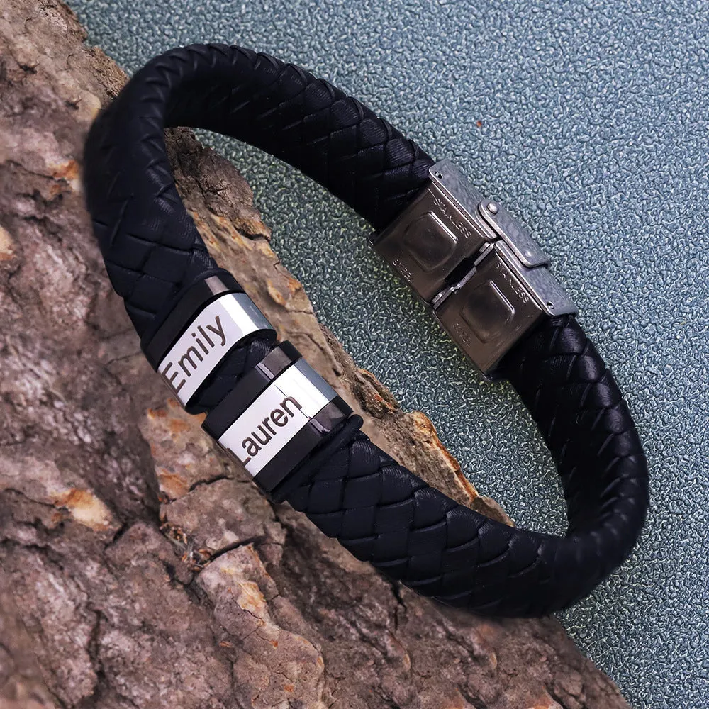 Customized Laser Engraved Men's Leather ID Bracelet in Rope Stainless Steel, Silver, and Black