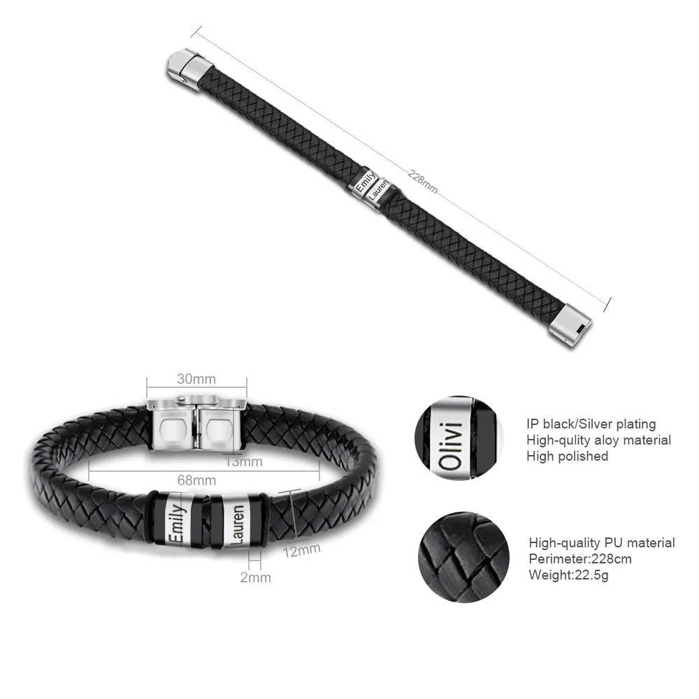 Customized Laser Engraved Men's Leather ID Bracelet in Rope Stainless Steel, Silver, and Black