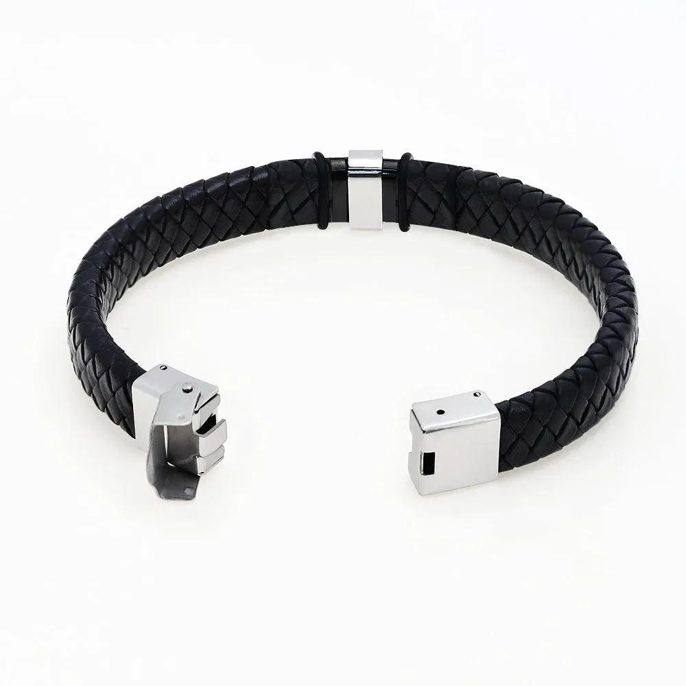 Customized Laser Engraved Men's Leather ID Bracelet in Rope Stainless Steel, Silver, and Black