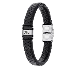 Customized Laser Engraved Men's Leather ID Bracelet in Rope Stainless Steel, Silver, and Black