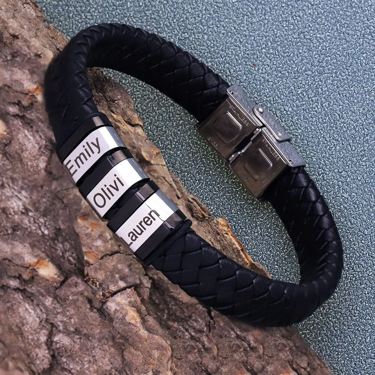 Customized Laser Engraved Men's Leather ID Bracelet in Rope Stainless Steel, Silver, and Black
