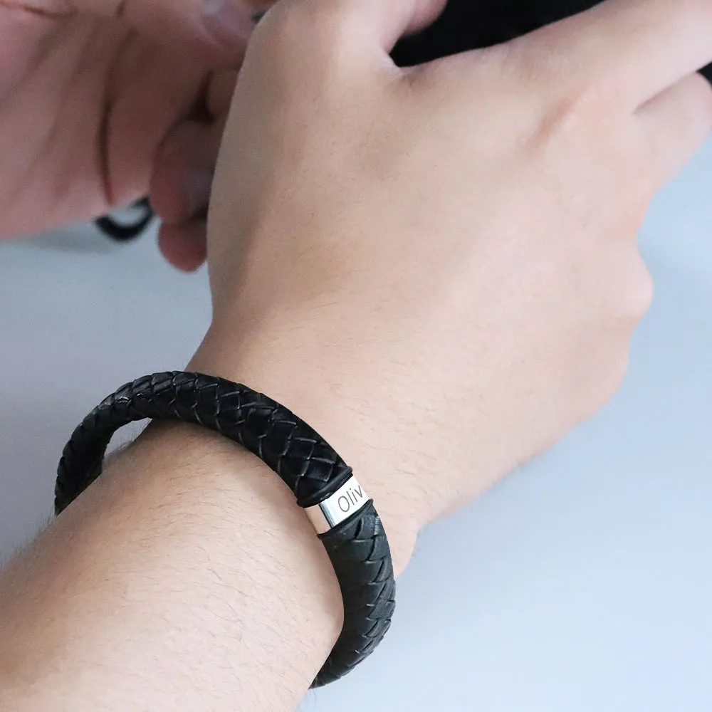 Customized Laser Engraved Men's Leather ID Bracelet in Rope Stainless Steel, Silver, and Black