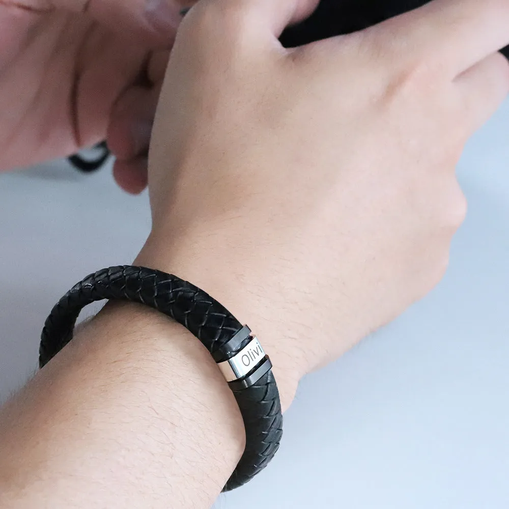 Customized Laser Engraved Men's Leather ID Bracelet in Rope Stainless Steel, Silver, and Black