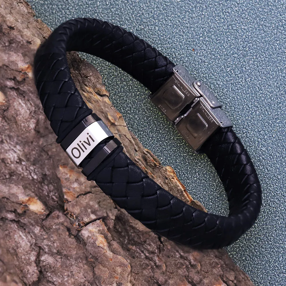 Customized Laser Engraved Men's Leather ID Bracelet in Rope Stainless Steel, Silver, and Black
