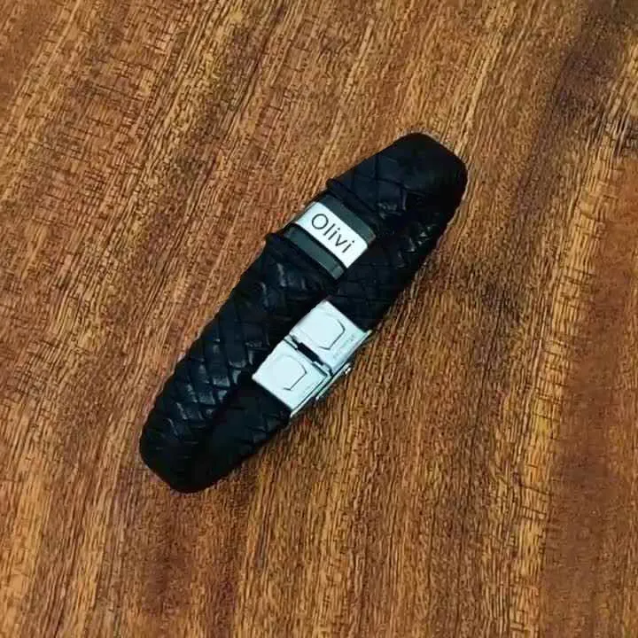 Customized Laser Engraved Men's Leather ID Bracelet in Rope Stainless Steel, Silver, and Black