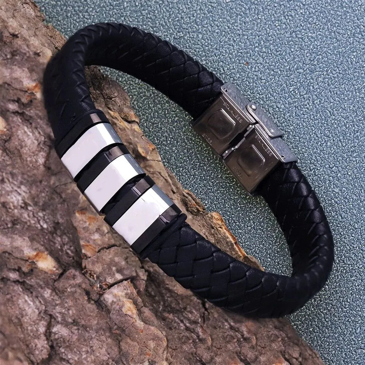 Customized Laser Engraved Men's Leather ID Bracelet in Rope Stainless Steel, Silver, and Black