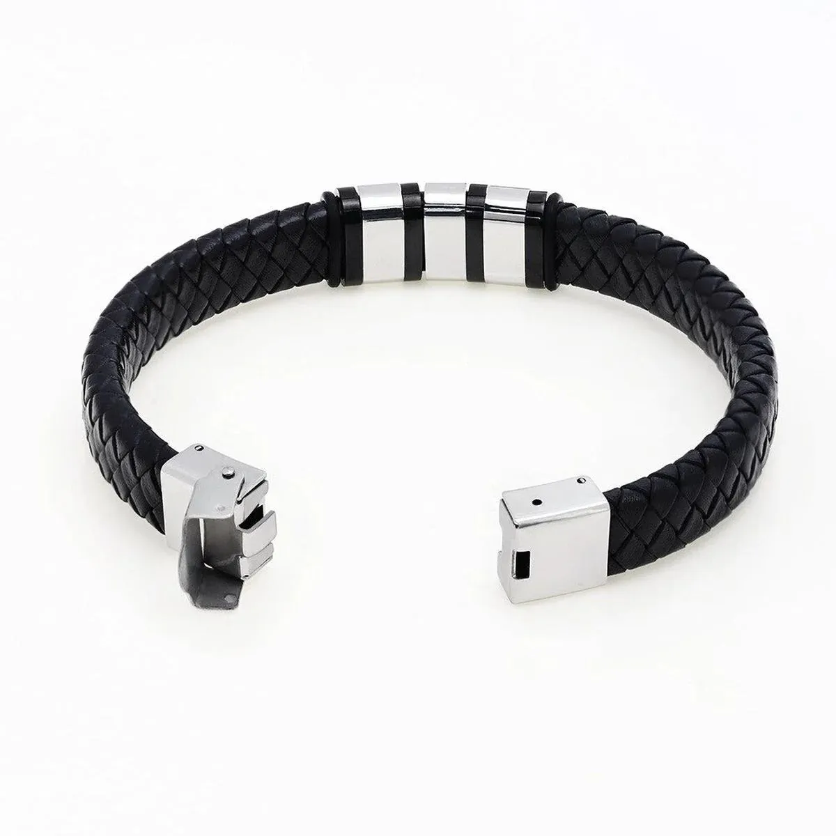 Customized Laser Engraved Men's Leather ID Bracelet in Rope Stainless Steel, Silver, and Black
