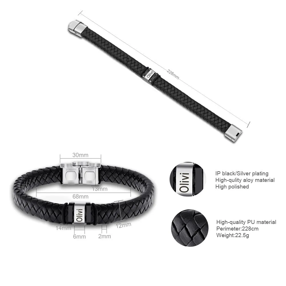 Customized Laser Engraved Men's Leather ID Bracelet in Rope Stainless Steel, Silver, and Black