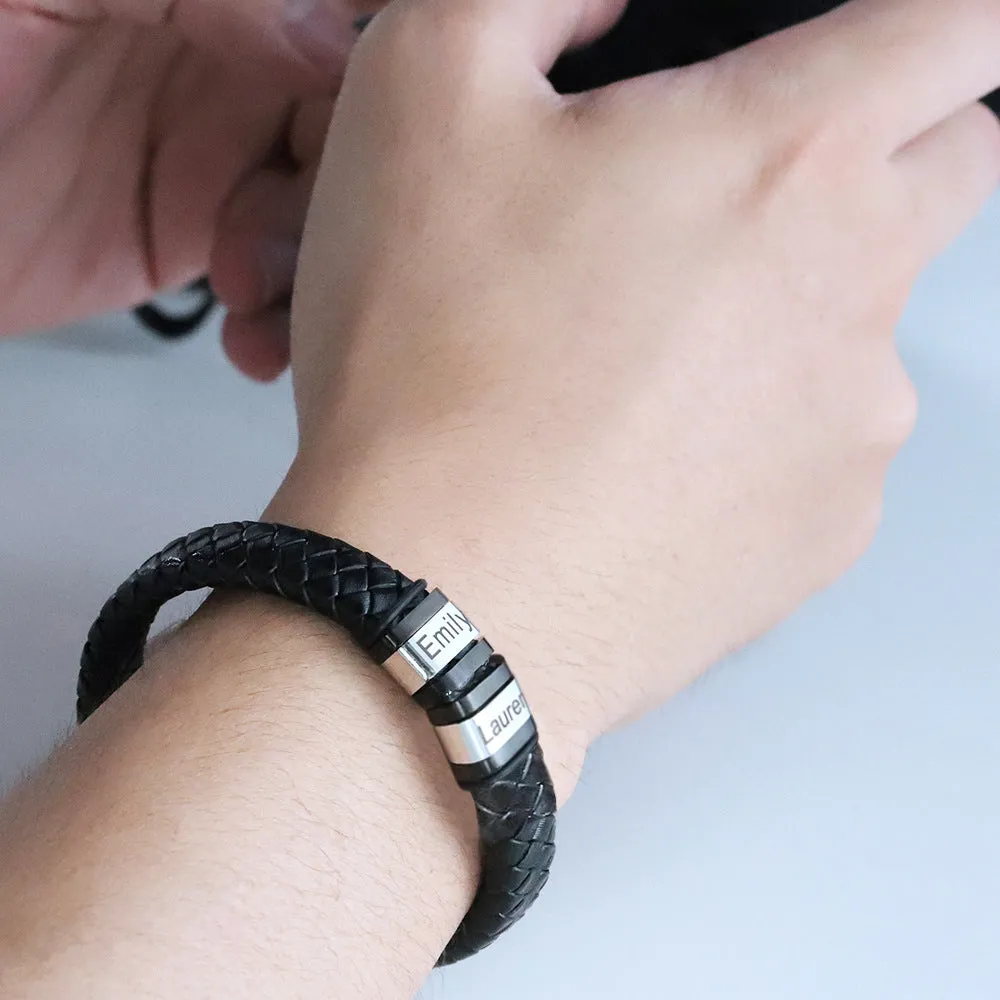 Customized Laser Engraved Men's Leather ID Bracelet in Rope Stainless Steel, Silver, and Black