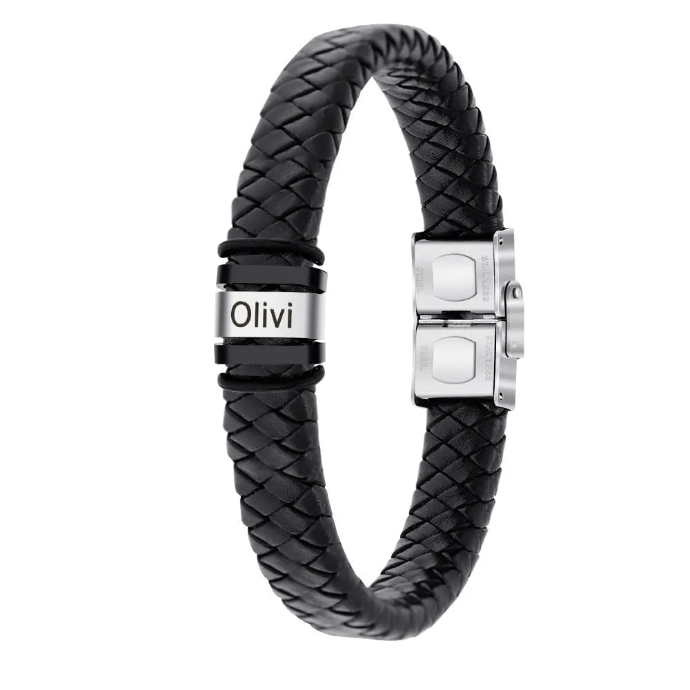 Customized Laser Engraved Men's Leather ID Bracelet in Rope Stainless Steel, Silver, and Black