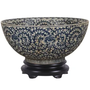 Dark Blue & White Lotus Swirl Porcelain Bowl with Base