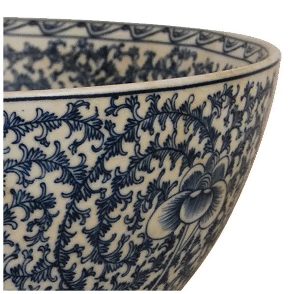 Dark Blue & White Lotus Swirl Porcelain Bowl with Base