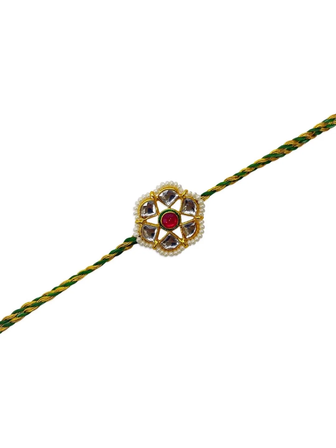 Designer Kundan Flower Rakhi With Green/Golden Thread Rakhi For Raksha Bandhan