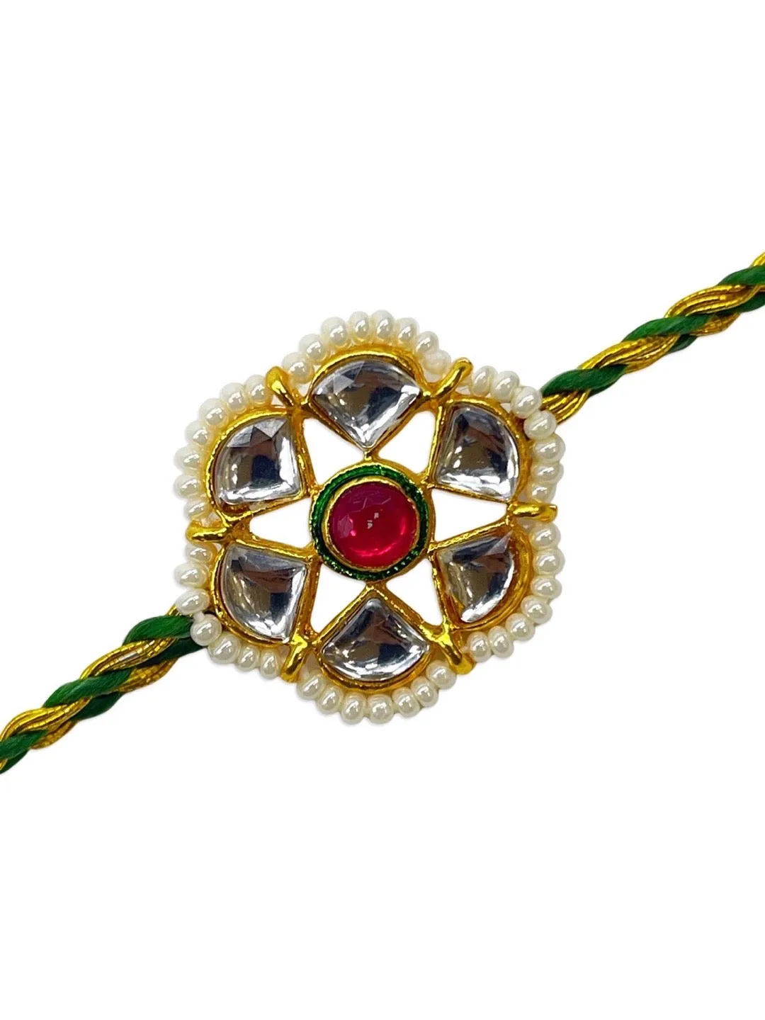 Designer Kundan Flower Rakhi With Green/Golden Thread Rakhi For Raksha Bandhan