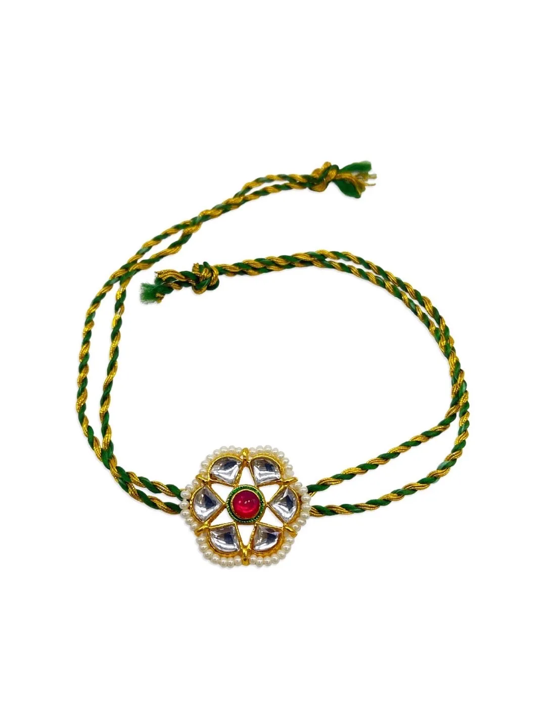 Designer Kundan Flower Rakhi With Green/Golden Thread Rakhi For Raksha Bandhan