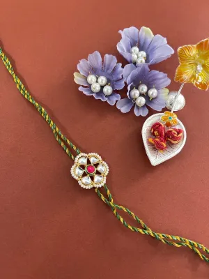 Designer Kundan Flower Rakhi With Green/Golden Thread Rakhi For Raksha Bandhan