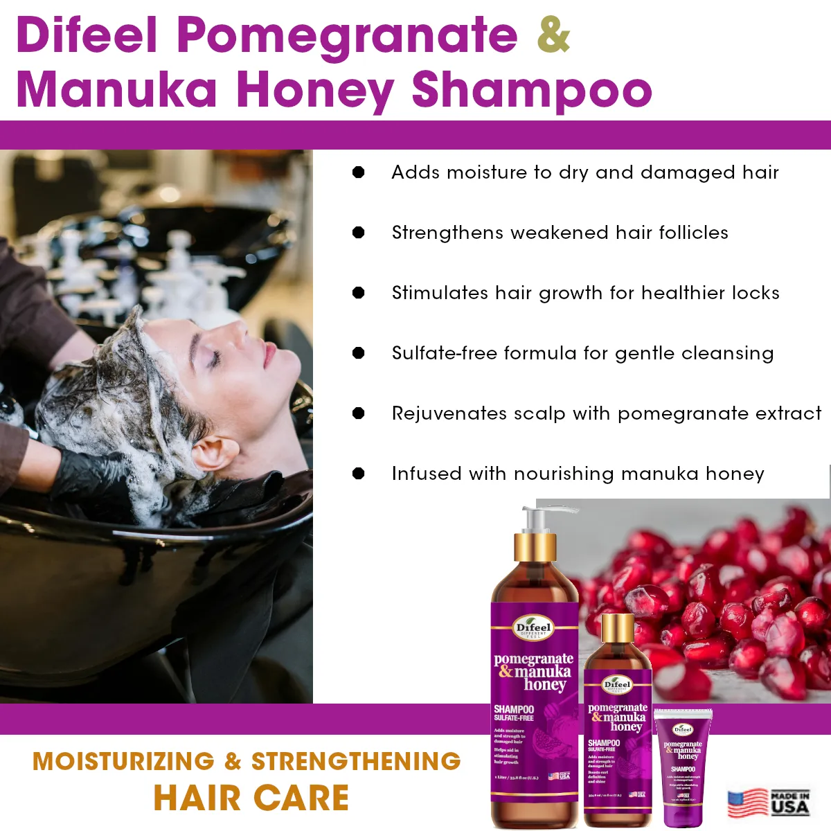 Difeel Pomegranate & Manuka Honey Sulfate-Free Shampoo - Travel Size 2.5 oz.