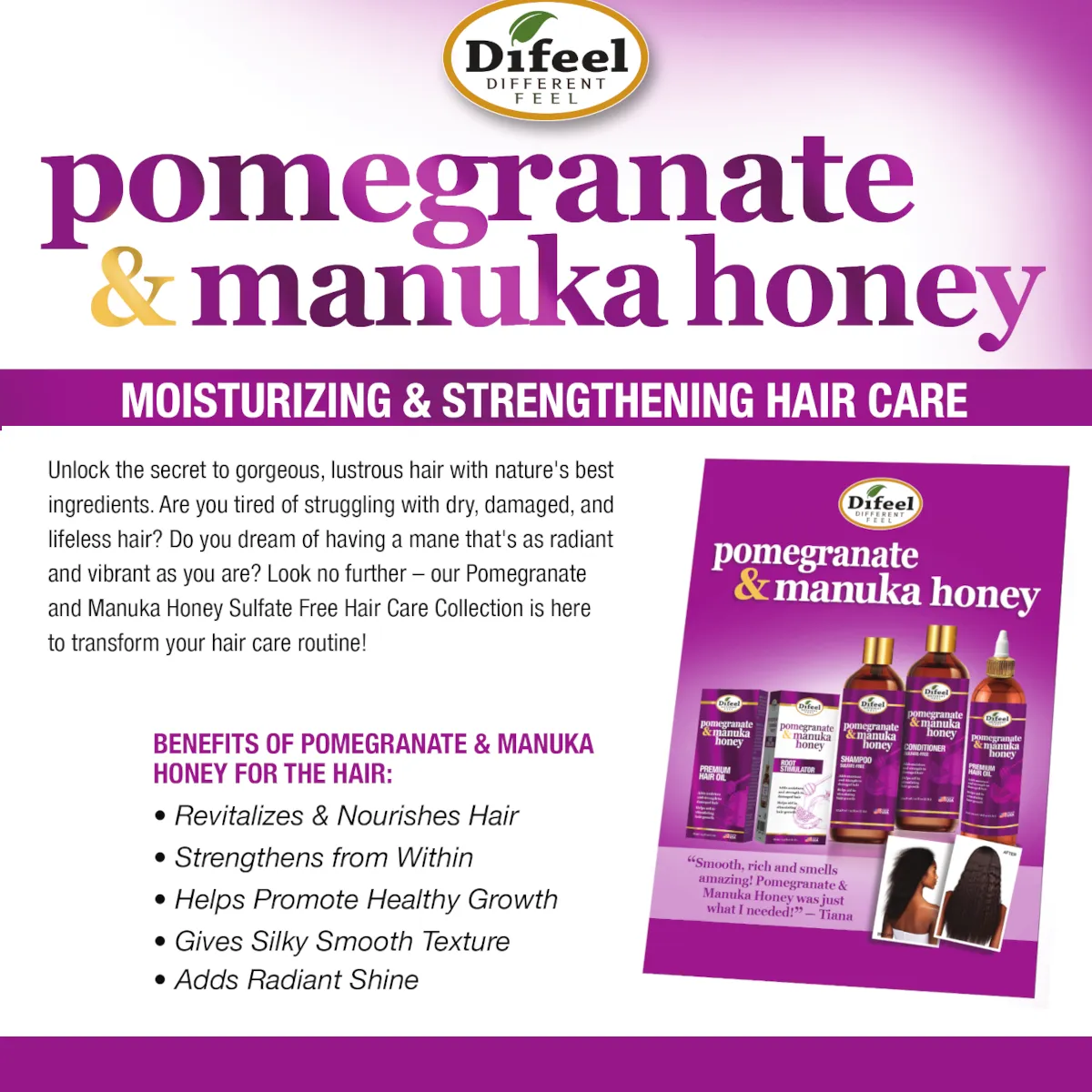 Difeel Pomegranate & Manuka Honey Sulfate-Free Shampoo - Travel Size 2.5 oz.