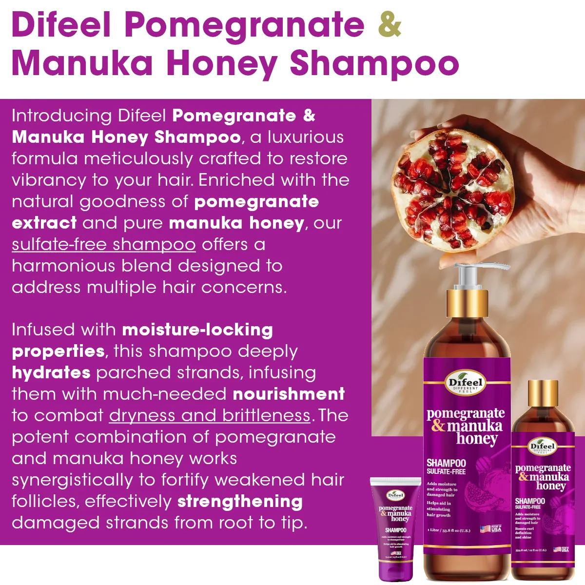Difeel Pomegranate & Manuka Honey Sulfate-Free Shampoo - Travel Size 2.5 oz.