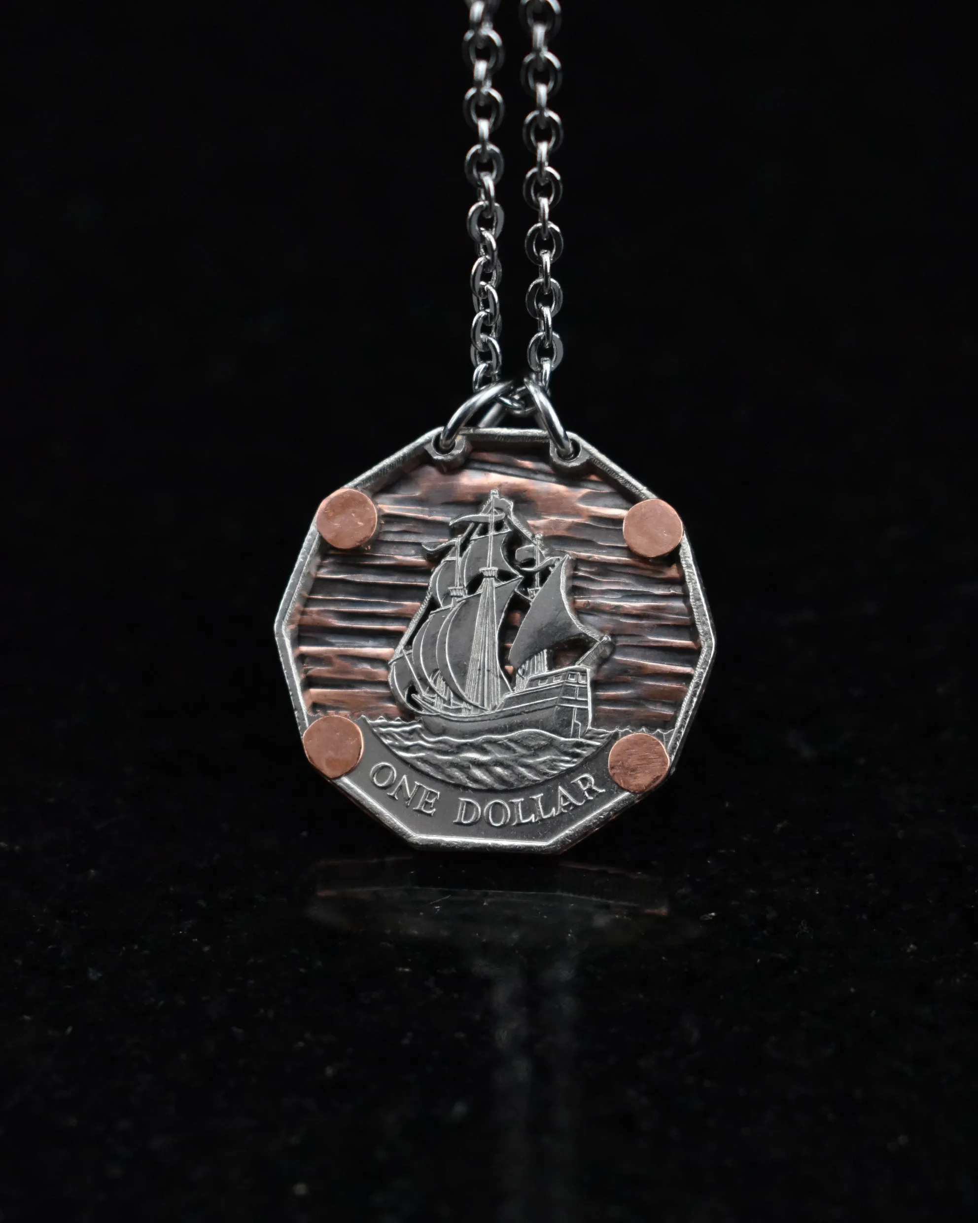 East Caribbean States - Cut Coin Pendant with Ship and Copper Background