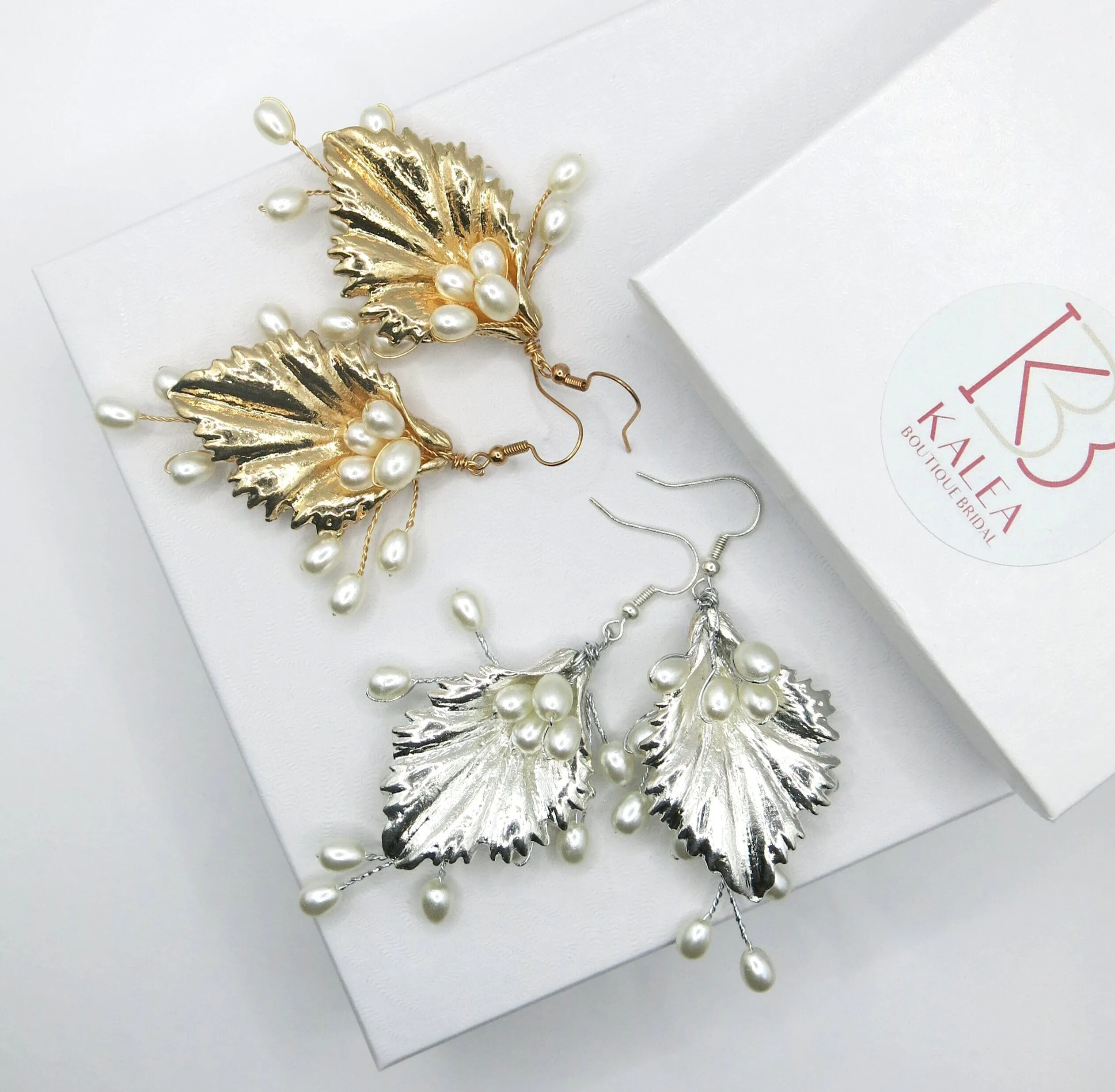 Embossed Metal Leaf Pearl Earrings, Bridesmaid Pearl Dangle Earrings, Wedding Bridal Leaf Earrings
