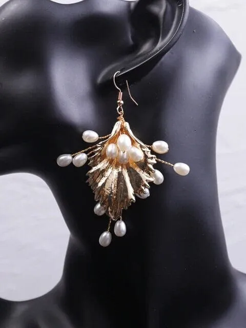 Embossed Metal Leaf Pearl Earrings, Bridesmaid Pearl Dangle Earrings, Wedding Bridal Leaf Earrings