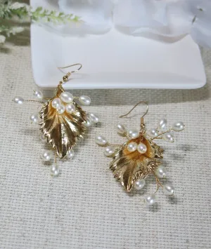 Embossed Metal Leaf Pearl Earrings, Bridesmaid Pearl Dangle Earrings, Wedding Bridal Leaf Earrings