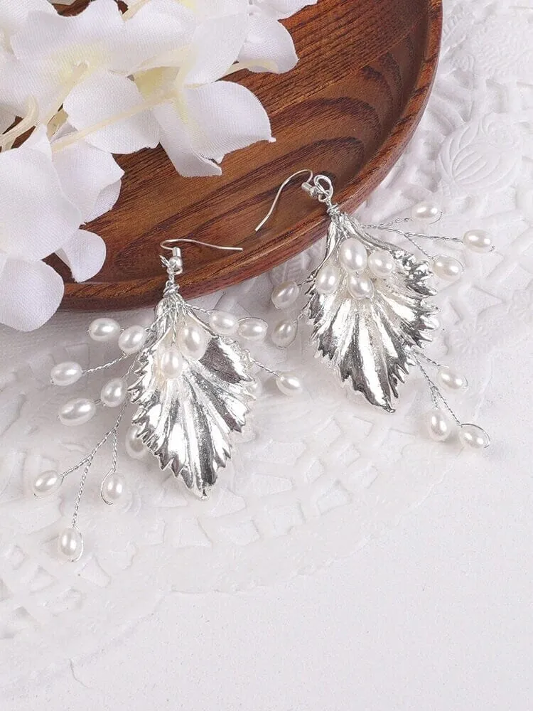 Embossed Metal Leaf Pearl Earrings, Bridesmaid Pearl Dangle Earrings, Wedding Bridal Leaf Earrings