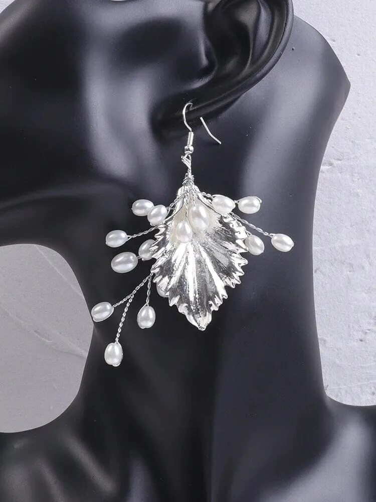 Embossed Metal Leaf Pearl Earrings, Bridesmaid Pearl Dangle Earrings, Wedding Bridal Leaf Earrings
