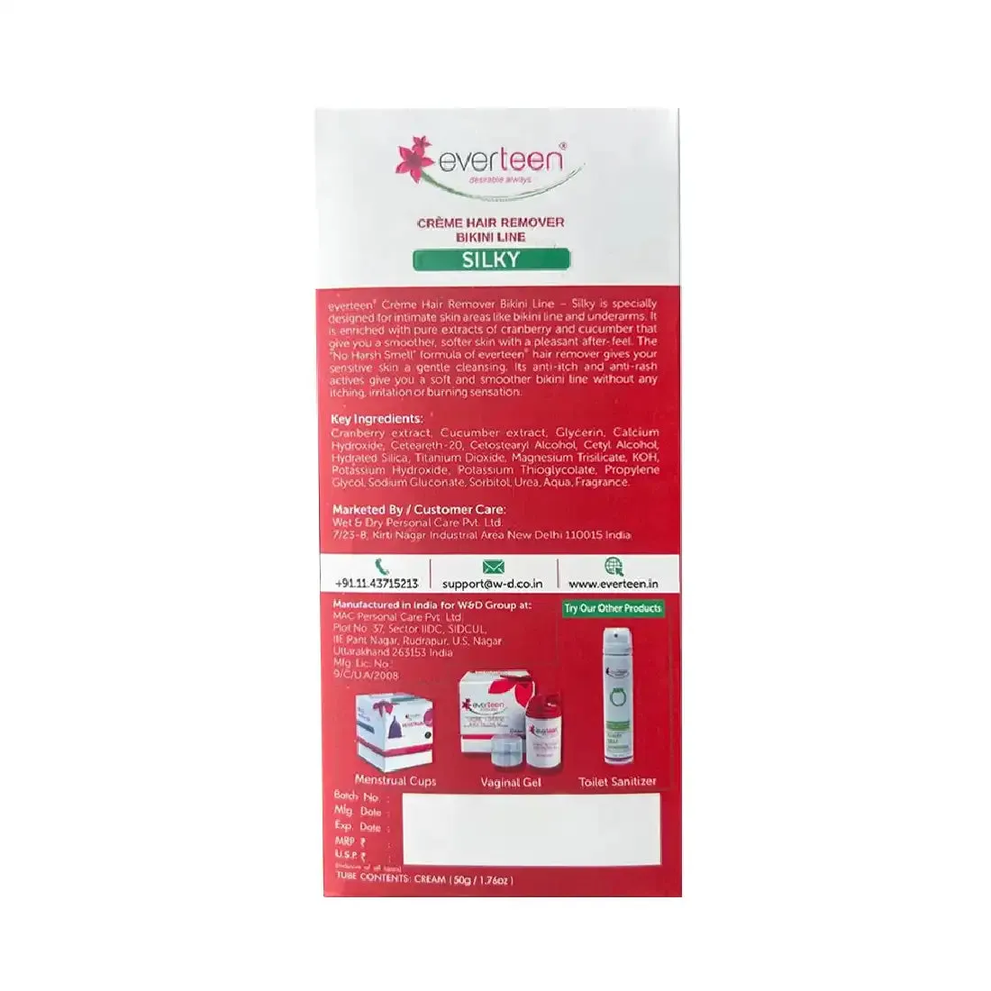 everteen Combo: Bikini Line Hair Removal Creme SILKY and Natural Intimate Wash for Women
