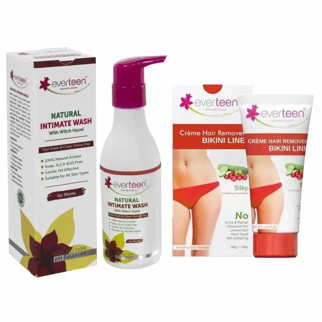 everteen Combo: Bikini Line Hair Removal Creme SILKY and Witch Hazel Intimate Wash for Moms