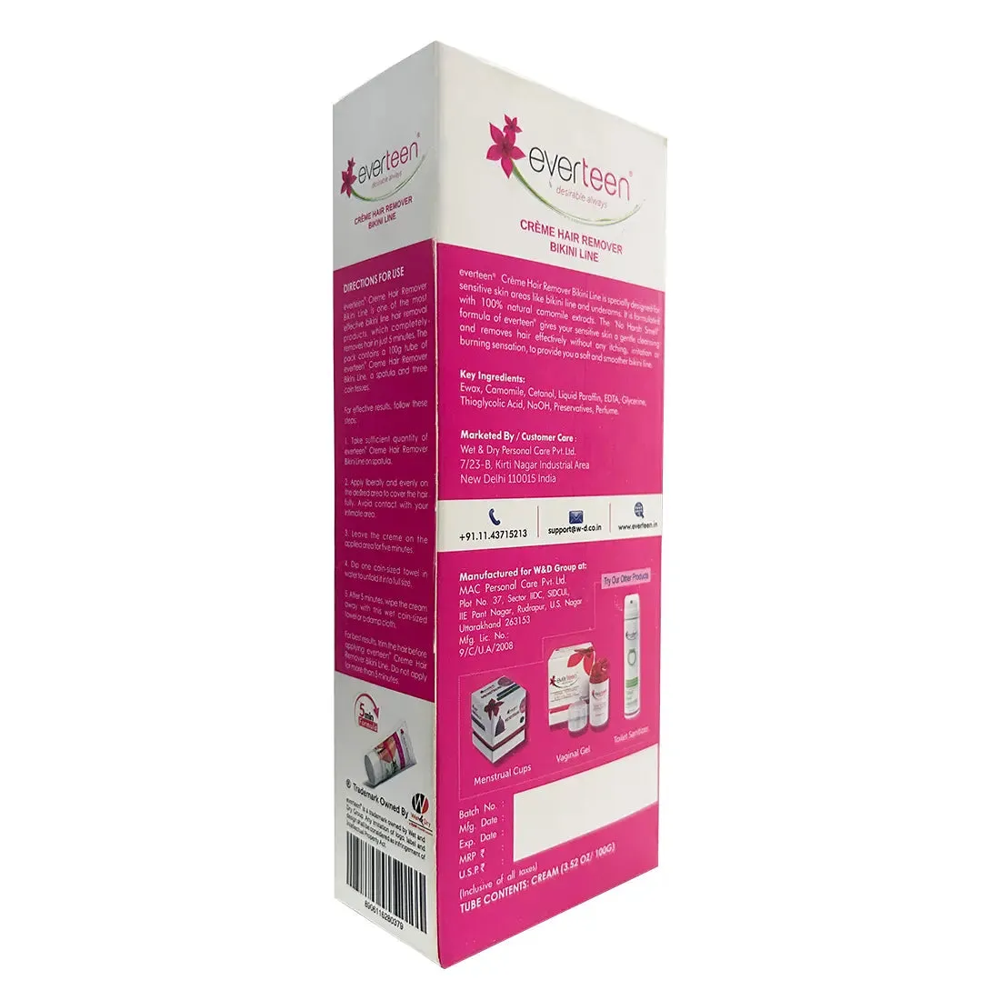 everteen Combo: Natural Bikini Line Hair Remover Creme 100g and V Gel for Women
