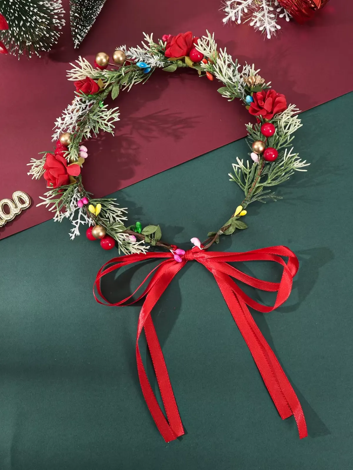 Festive Christmas Floral Headband with Red Berries and Pine Details