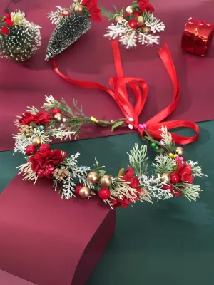 Festive Christmas Floral Headband with Red Berries and Pine Details