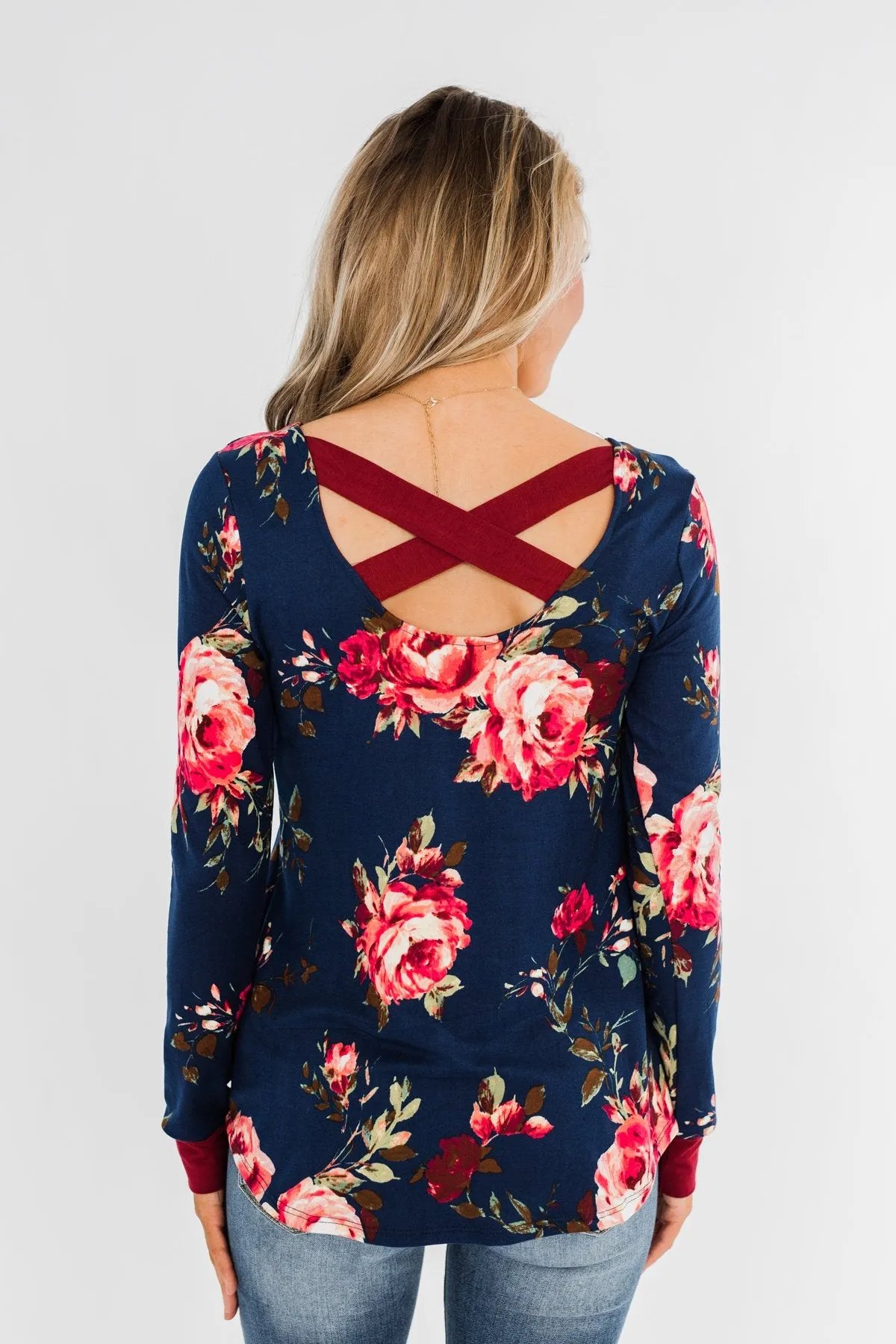 Field Of Flowers Criss Cross Top- Navy & Burgundy