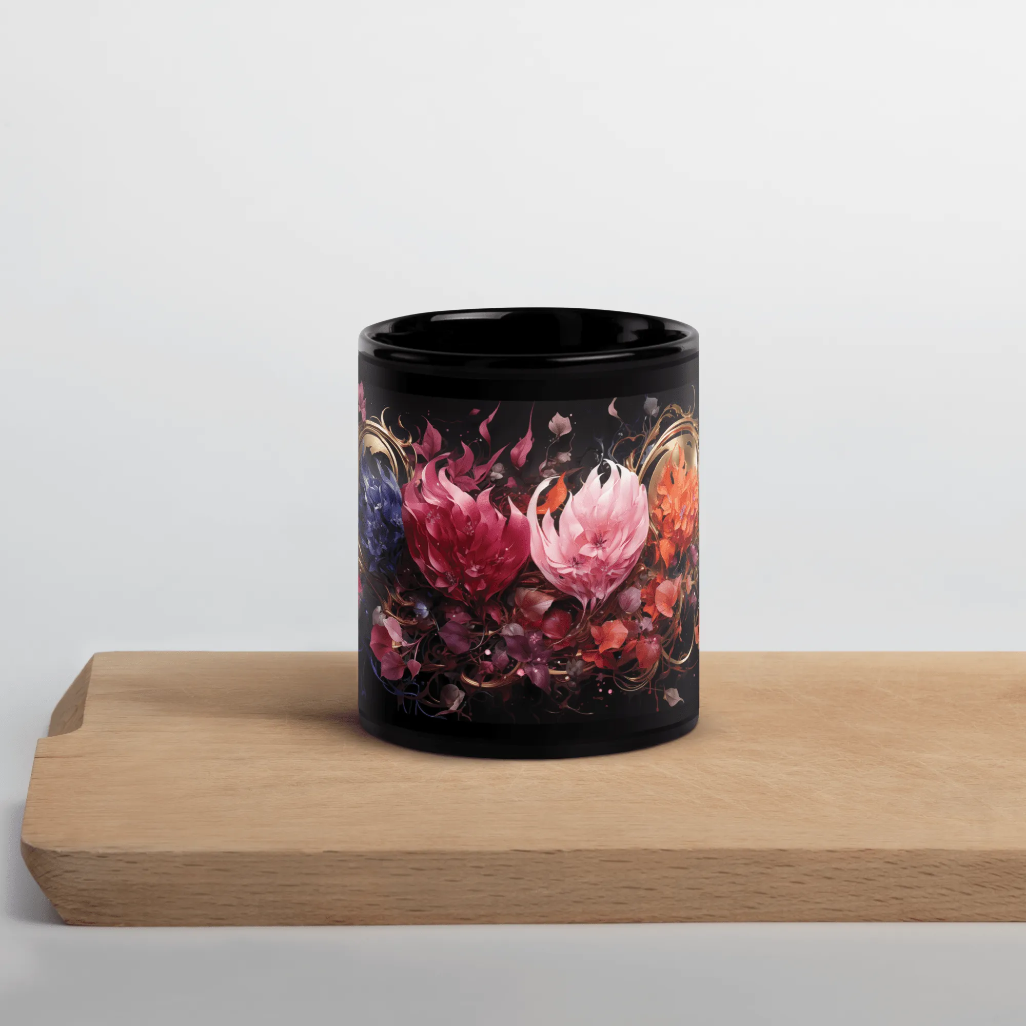 Four Flowers Black Glossy Mug