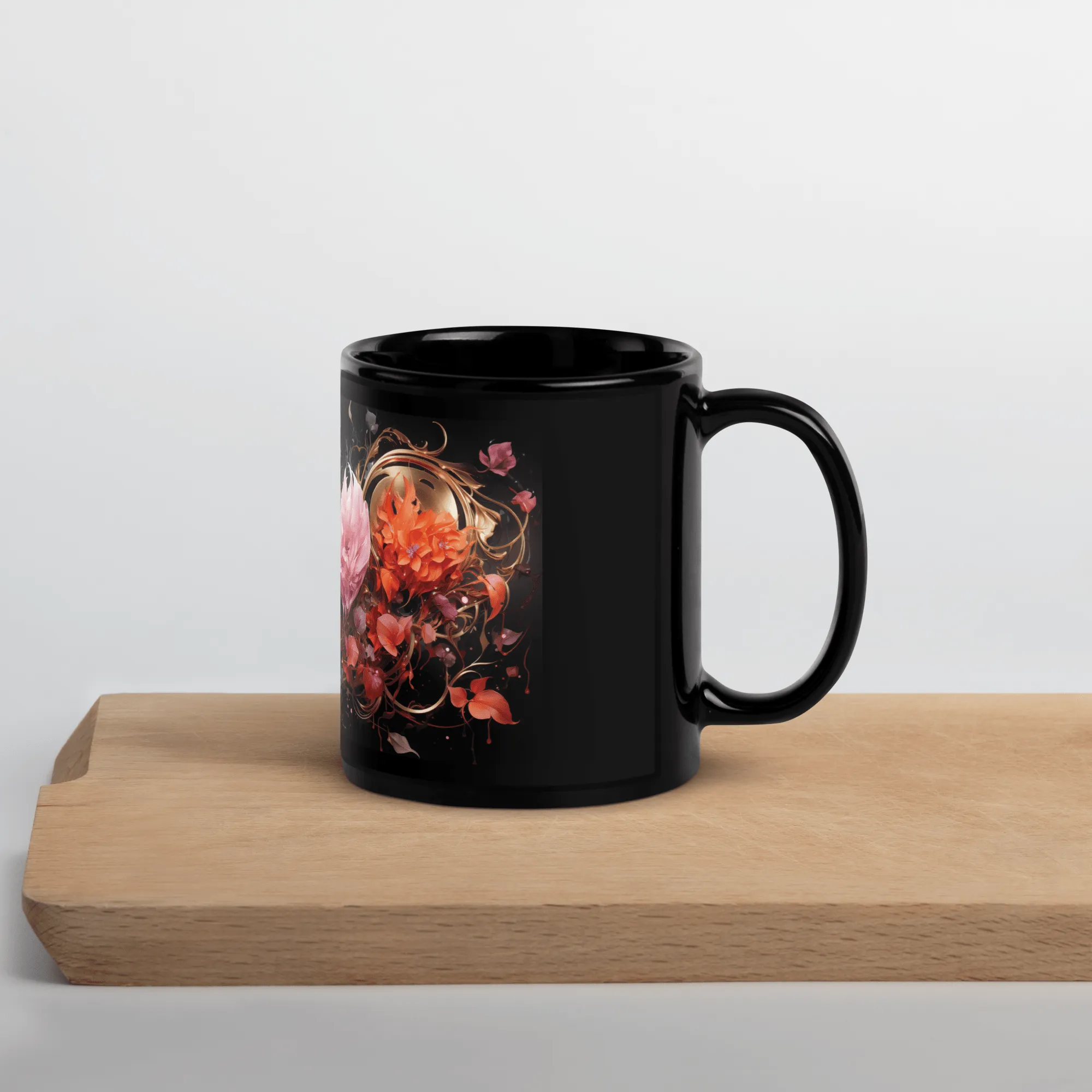 Four Flowers Black Glossy Mug