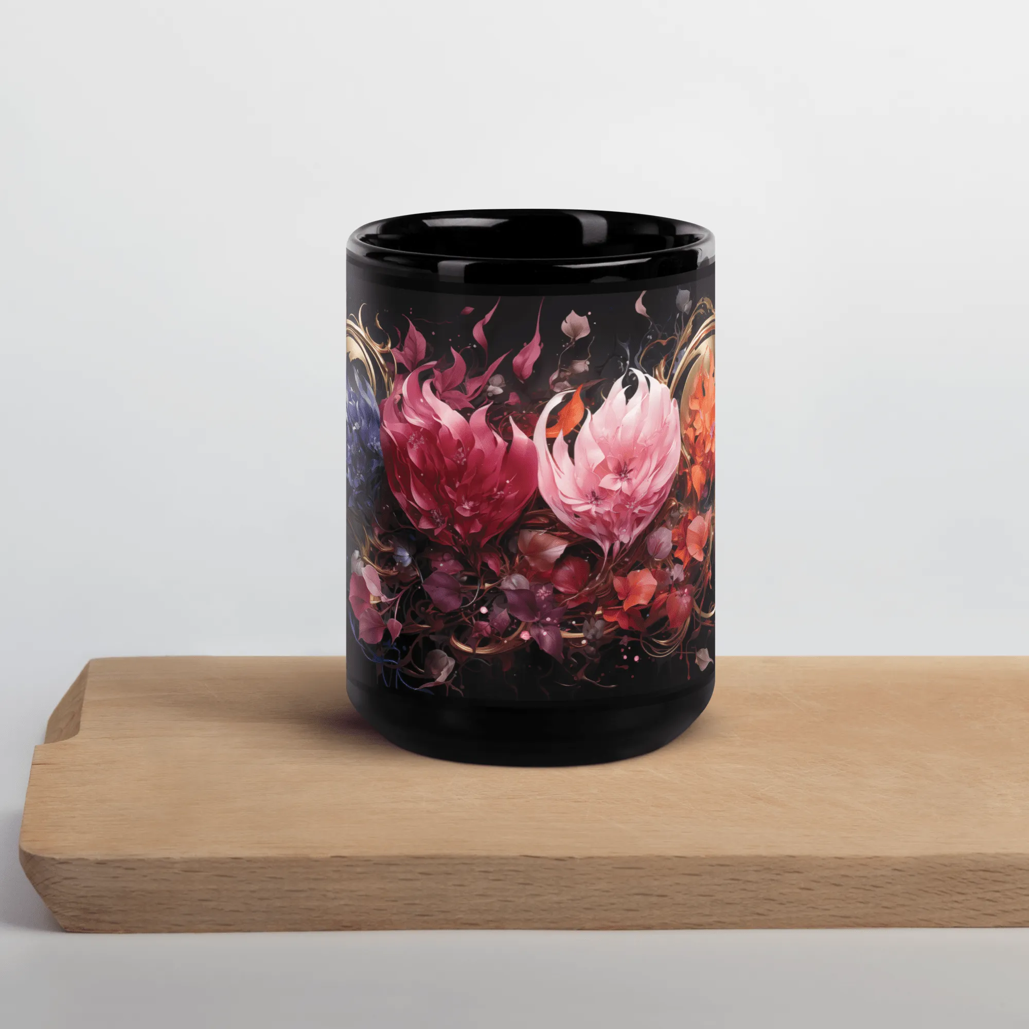 Four Flowers Black Glossy Mug